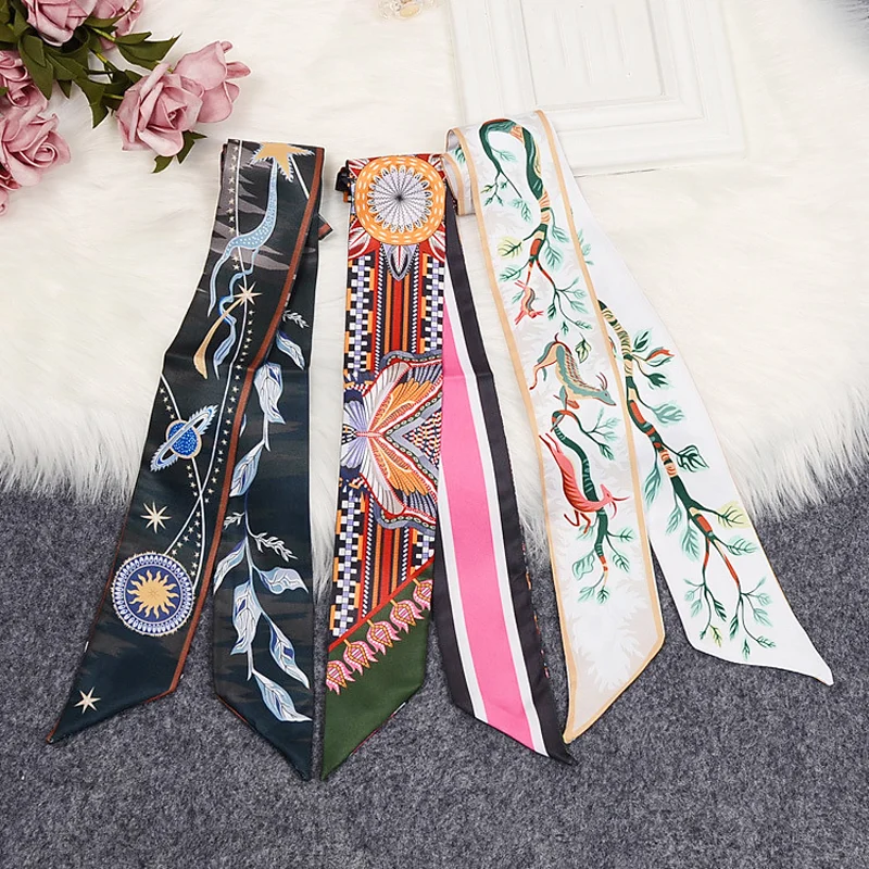 Fashion Women 2024 Brand Design Silk Scarf Fashion Horse Rope Print Headband Skinny Bag Hair Scarves Neckerchief female bow ties