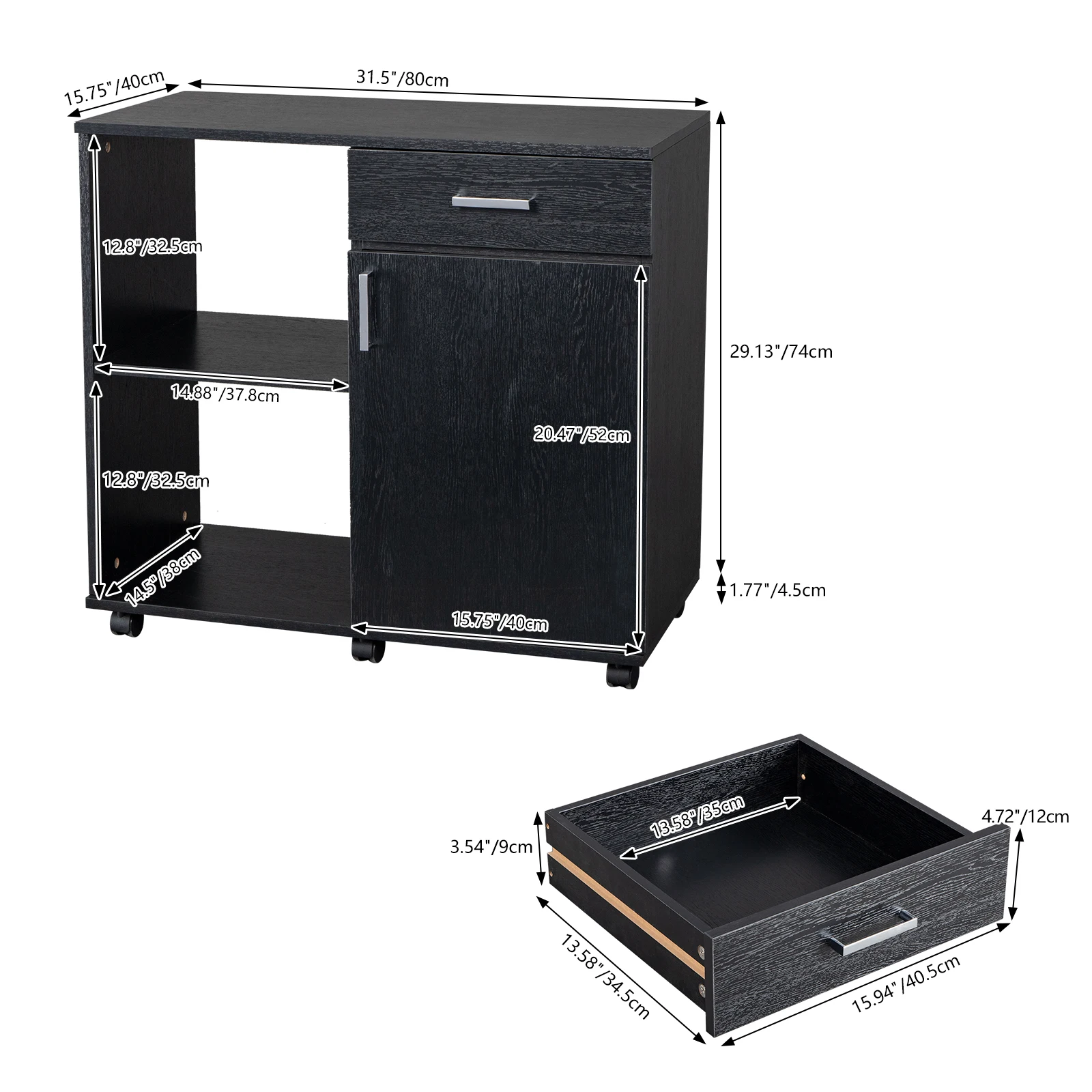 3 Layers Wooden Filing Cabinet 80x40x74CM Left Frame Right Cabinet MDF&PVC White/Black[US-Stock]