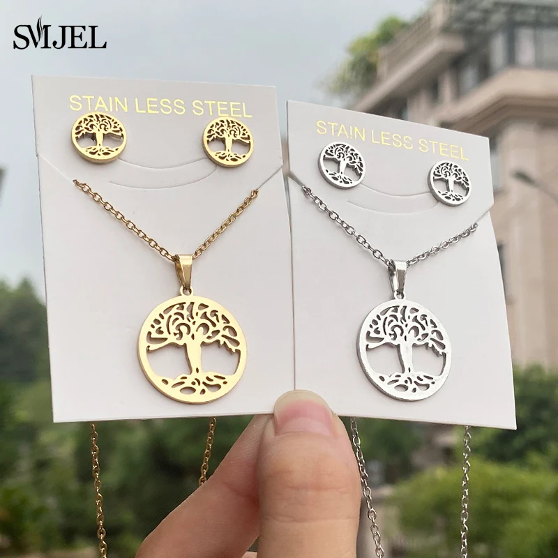 Stainless Steel Tree of Life Necklaces for Women Bohemian Women Men Shape Celtic Lover Tree Earrings Gold Color Jewelry Sets