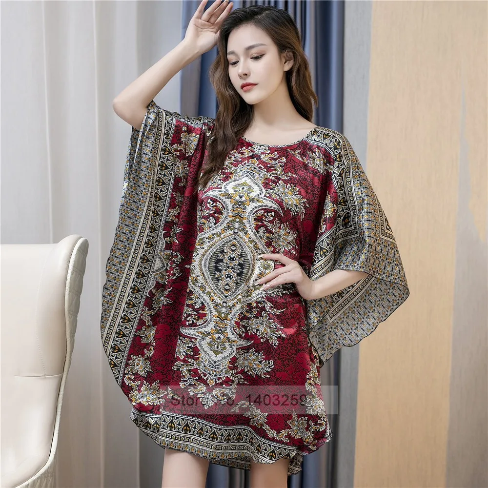 Women Nightgown Summer Silk Satin Sleepwear Nightdress Plus Size Batwing Sleeve Home Dressing Gown Sexy Loose Printed Nightwear