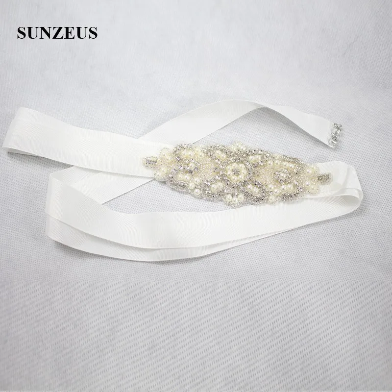 Goedkope Riem Kralen Parels Bridal Bruiloft Accessoires Formele Kleding Lange Riem Kleurrijke Satin Sash Lichtblauw Accesorios Novia