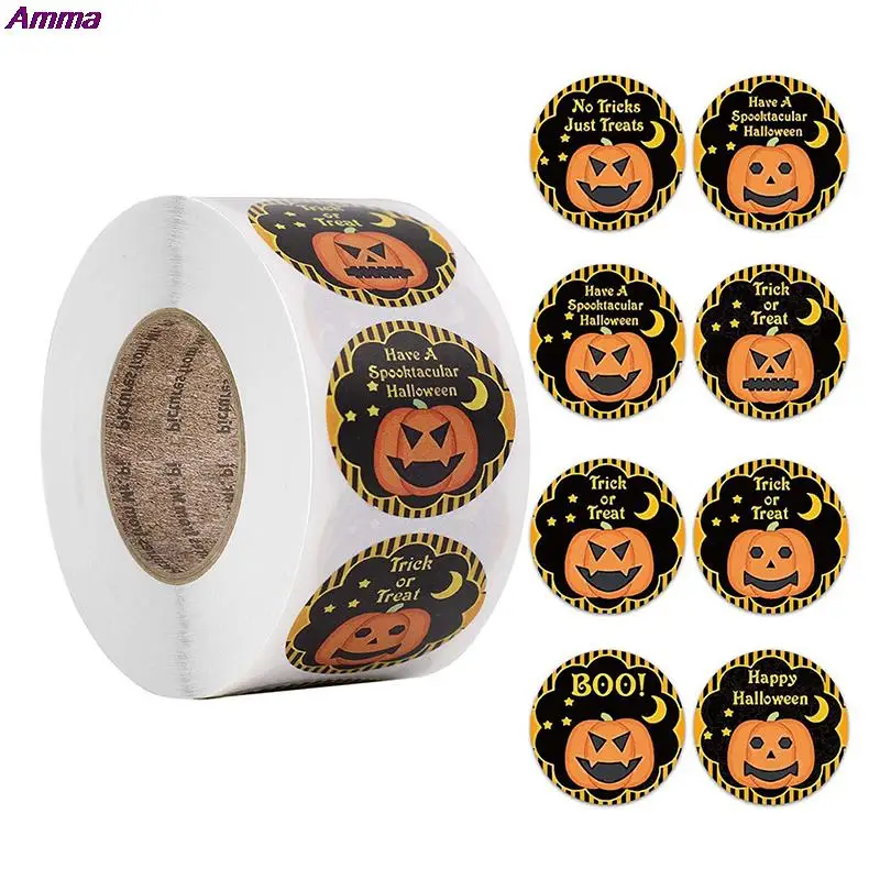 ขายร้อน500Pcs/ม้วน1นิ้ว/2.5ซม.ฮาโลวีนฟักทองตกแต่งป้ายสติกเกอร์ DIY ของขวัญสติกเกอร์กระดาษ