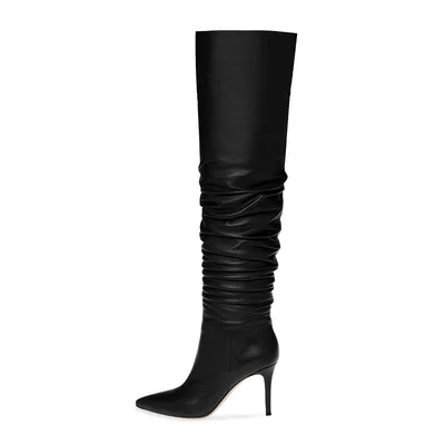 

New European American Female Goth Black Burgundy Leather Sexy Botas Pointed Toe fold Pleated Women's Plus Size knee High Boots