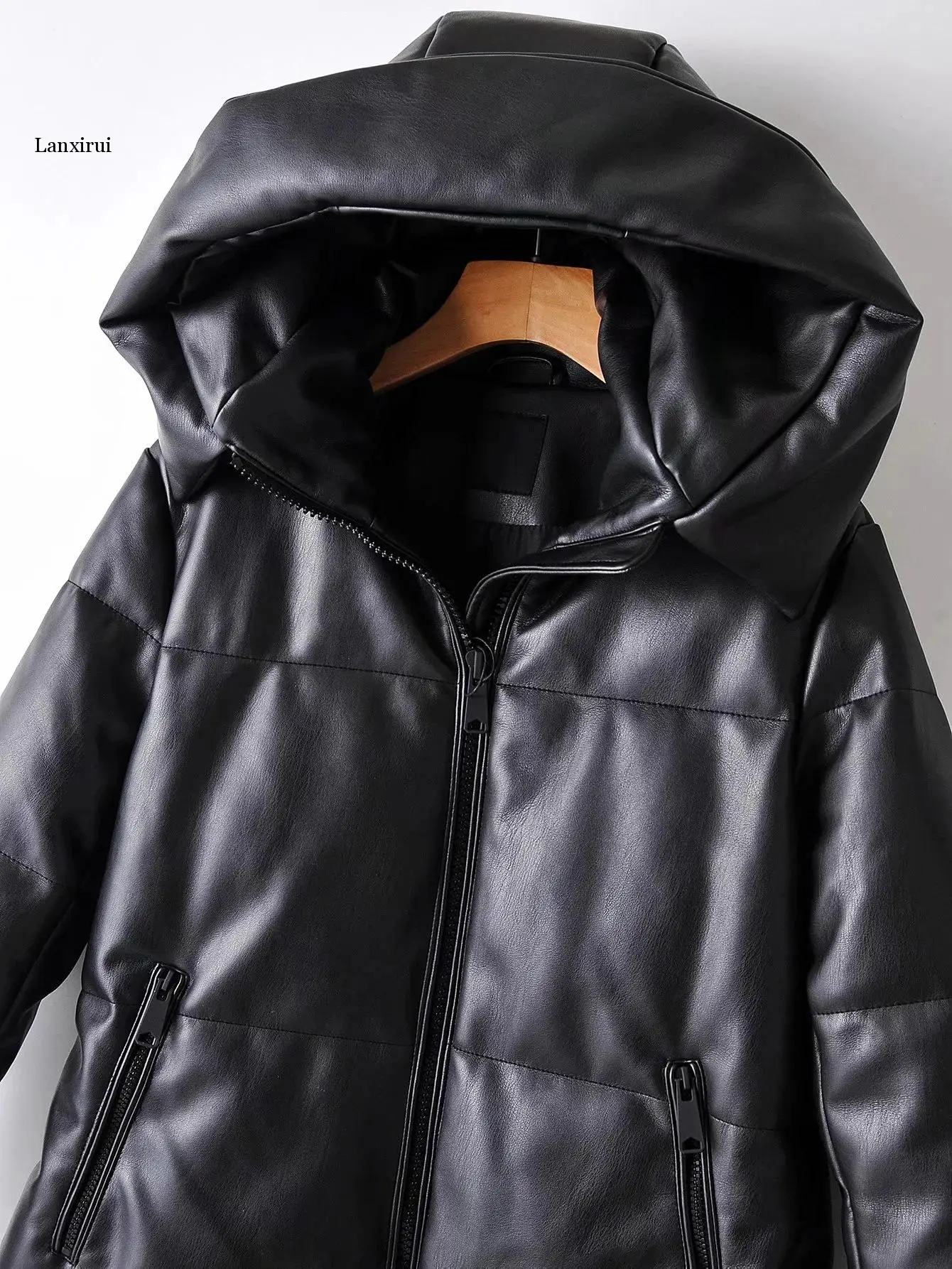 Winter Women Thick Warm Oversize Faux Leather Hoodie Parkas Zipper Long Jacket Coat Female Outwear Tops Casual Loose Overcoat