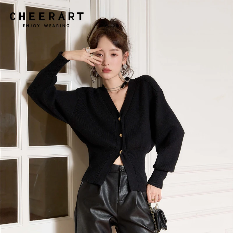 CHEERART Black Lantern Sleeve V Neck Cardigan Sweater Women Korean Fashion Knitted Sweater Designer Winter Autumn 2021 Clothes