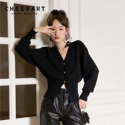 CHEERART Black Lantern Sleeve V Neck Cardigan Sweater Women Korean Fashion Knitted Sweater Designer Winter Autumn 2021 Clothes