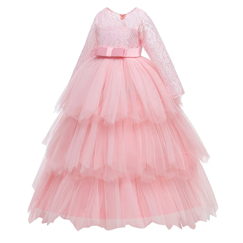 Christmas Kids Pink White Bridesmaid Dress Girls Children Costume Long Sleeve Princess Vestido Flower Party Gown Evening