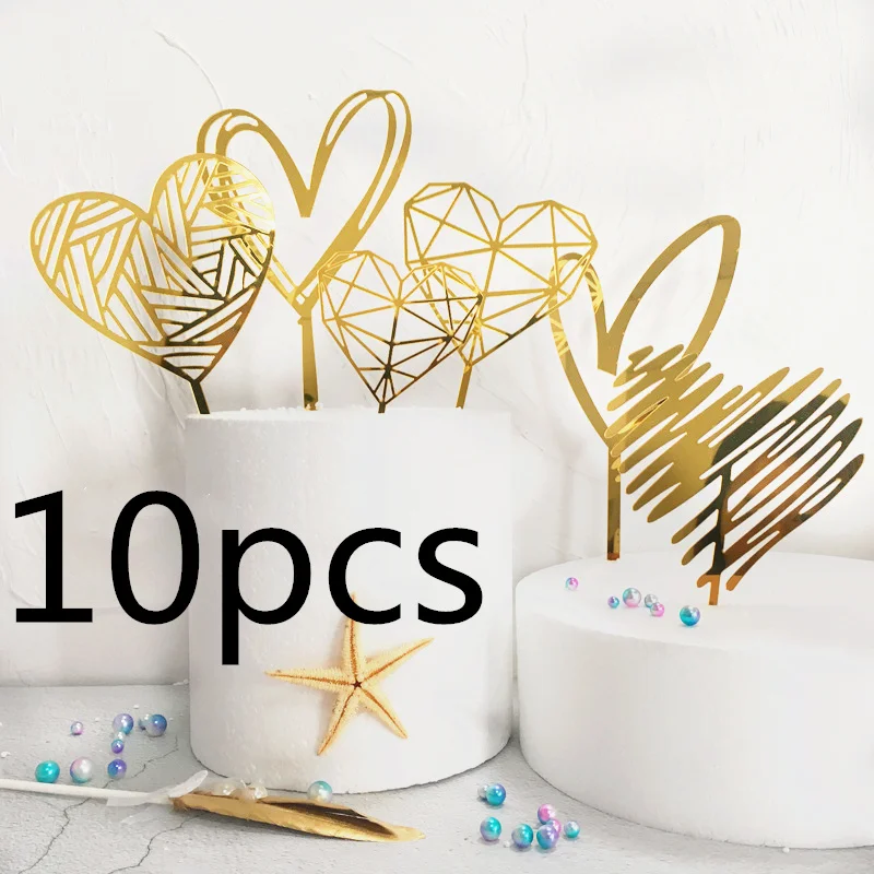 10pcs Love Happy Birthday Cake Toppers Gold Acrylic Valentine's Day Party Cake Topper for Wedding Anniversary Dessert Decoration