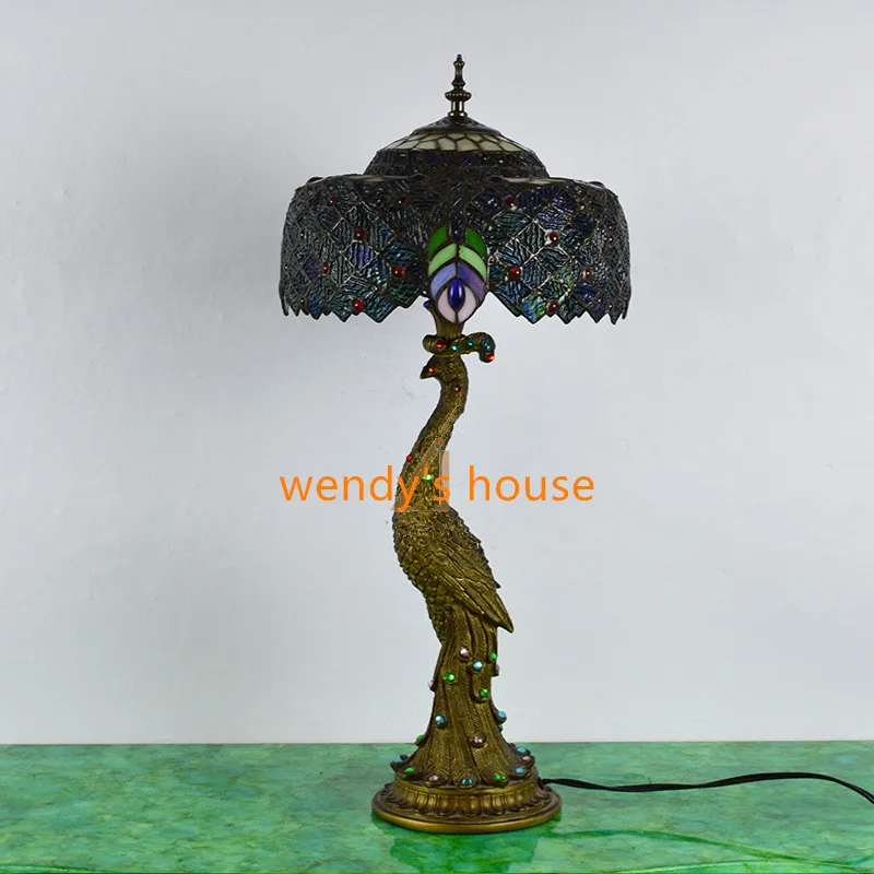 

Tiffany Series Retro European Style Villa Hotel Bedroom LED Bedside Light Peacock Base Table Lamp E27 AC110V 220V