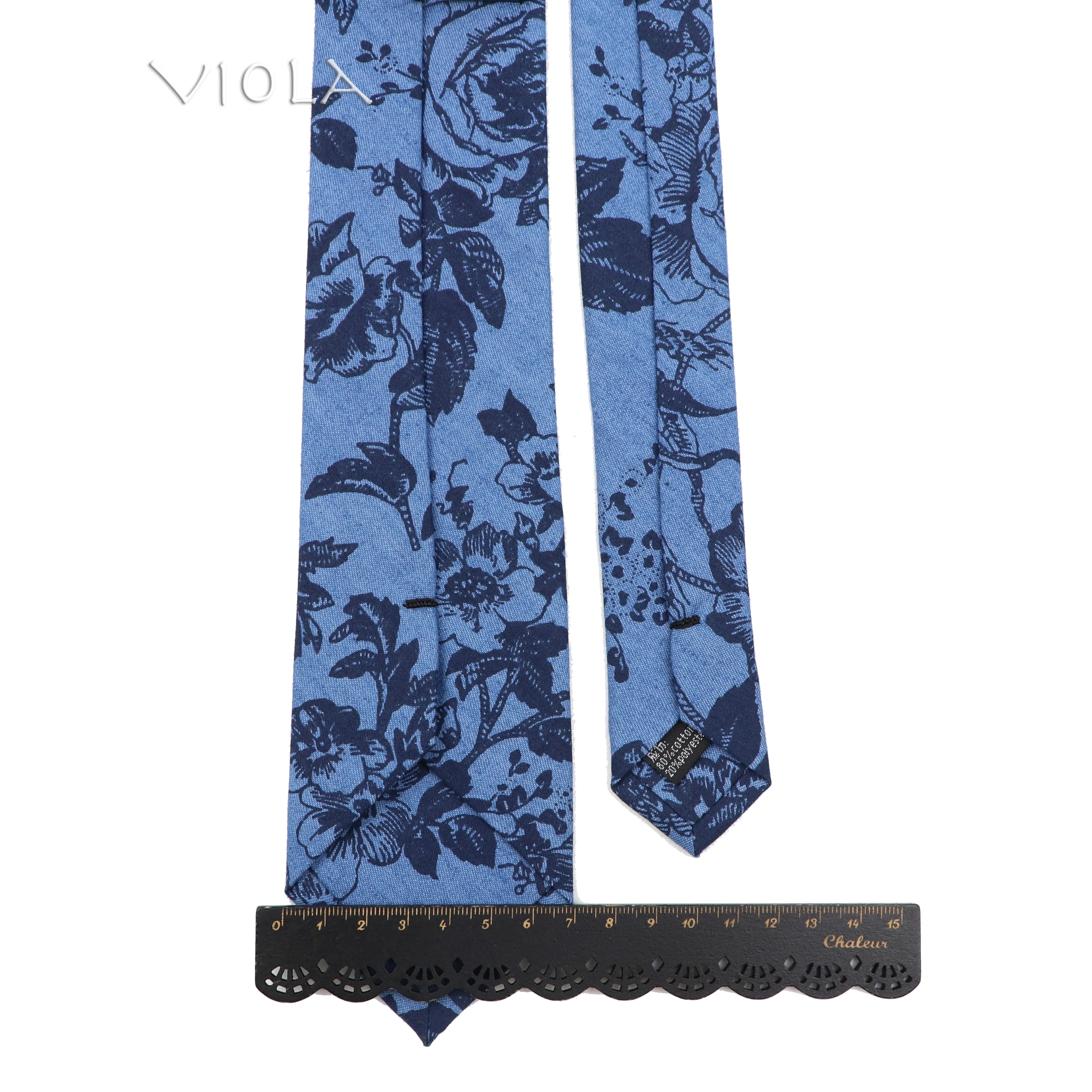 Blue Black Denim Feather Floral Print 7cm Soft Cotton Necktie Wedding Party Daily Casual Dress Tuxedo Gift Men Cravat Accessory