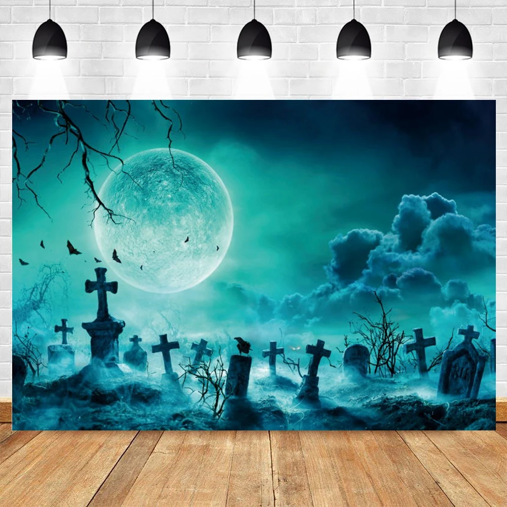 

Halloween Background Grave Cemetery Tombstone Moon Branches Photography Backdrop Photo Studio Photophone Photozone Photocall