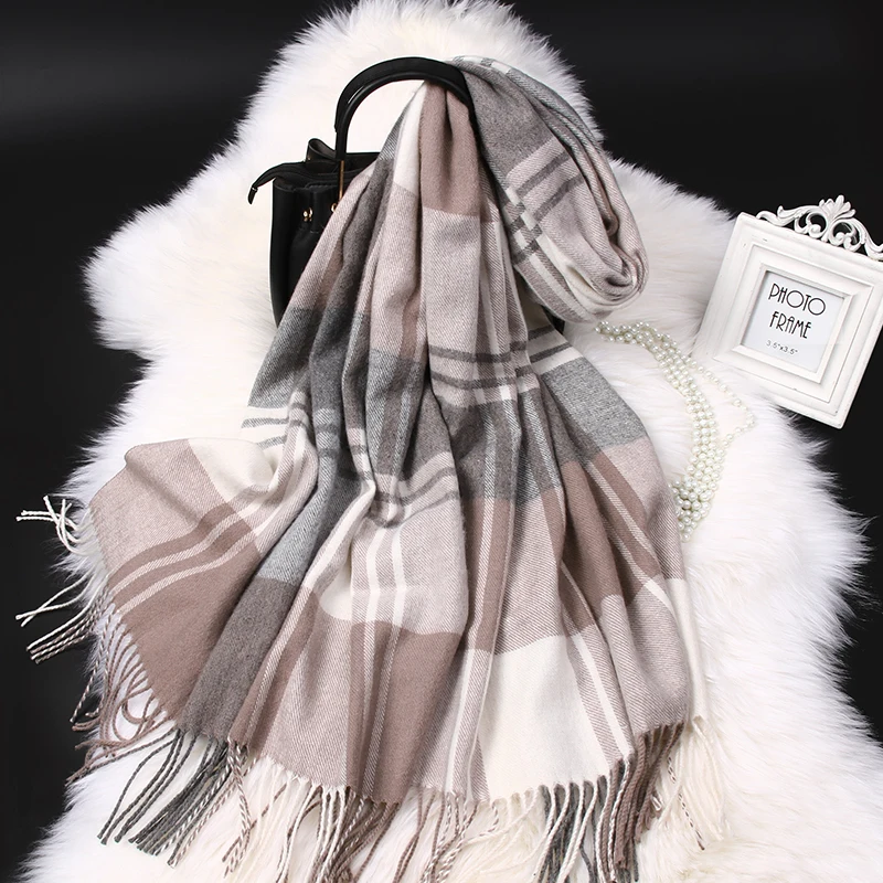 Pink Plaid Wool Scarf for Women Korean Autumn Warm Shawls and Wraps Pashmina Foulard Winter Cashmere Scarves Blanket Echarpe