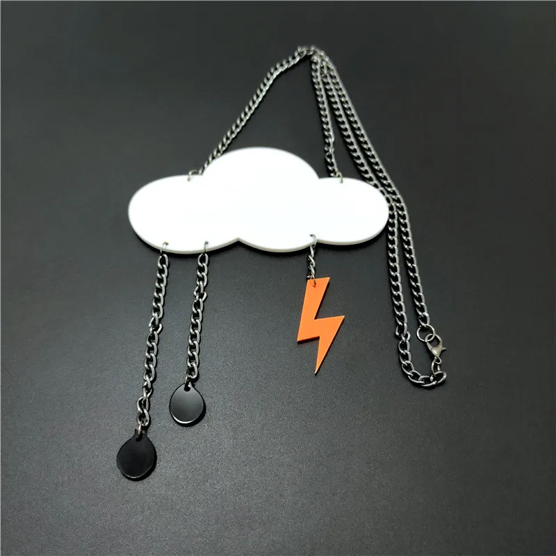 KUGUYS Large Long Rainy Day Pendant Necklace for Women Acrylic Big Raindrops White Clouds Lightning Tassel Jewelry Accessories