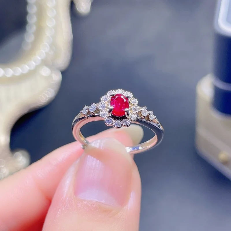 Gemicro Jewelry 100% Natural Ruby Rings with 4X5mm Gem and 925 Sterling Silver as Women Classic Elegant Party Daily Wear as Gift