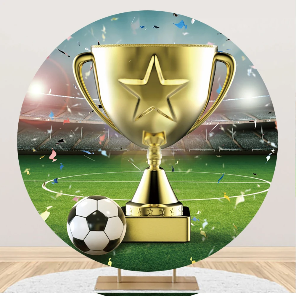 Laeacco Soccer Football Match Champion Trophy Stadium Birthday Party Customized Round Circle Backdrops Photographic Backgrounds