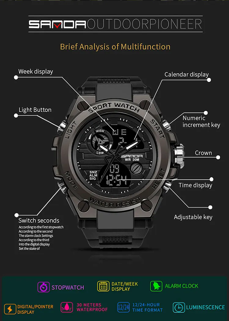 SANDA G Style Men Digital Watch Date Military Sports Watches Waterproof Electronic Wristwatch Mens Clock Orologio Da Uomo 739