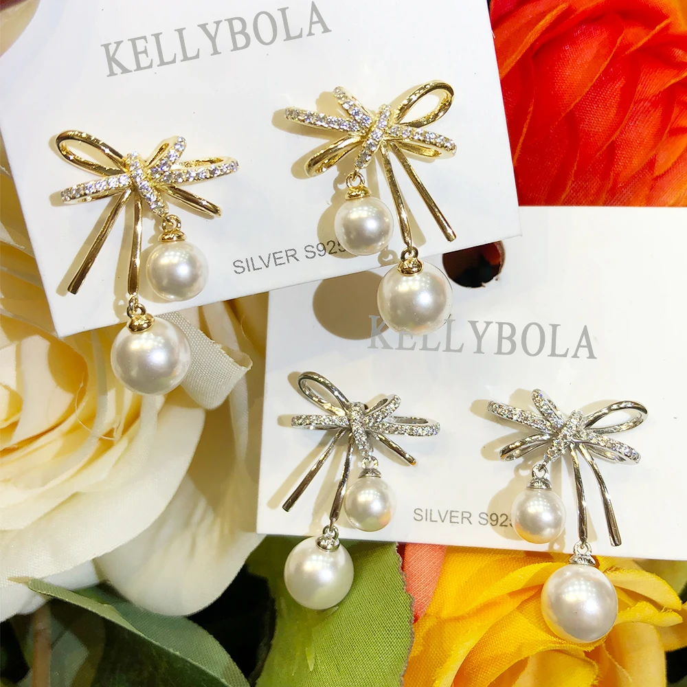 Kellybola Fashion Sweet and Cute Bow Pearl Pendant Earrings Women Girls Party Performance Daily Anniversary Luxury Fine Jewelry