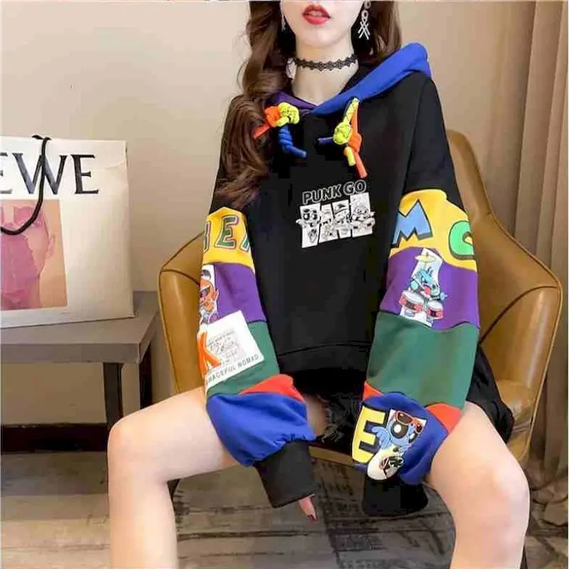 Fried Street Hoodies Women 2024 New Autumn Contrasting Color Stitching Thin Hooded Pullover Loose Korean Mid-length Womens Tops