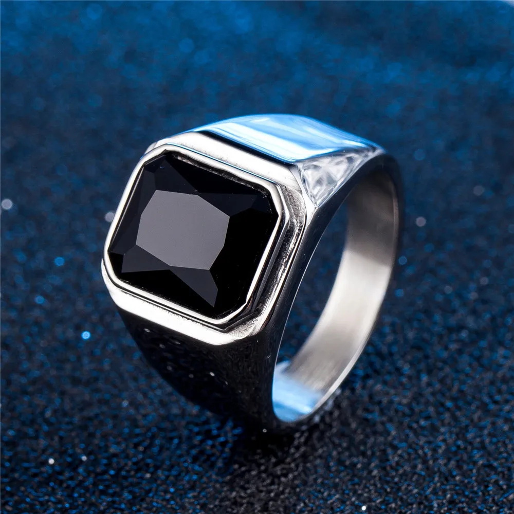 Hot Sale Fashion 316L Stainless steel Men\'s Signet Ring with red Black Crystal Classic Big Stone Male Rings Good Luck Jewelery