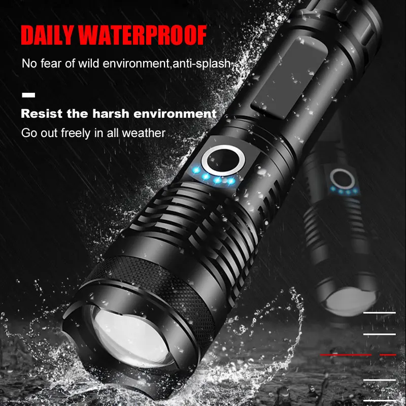 BS P50 Powerful LED Flashlight 26650 USB Rechargeable Portable Outdoor Tactical Hunting Police Torch Waterproof Lantern Zoom