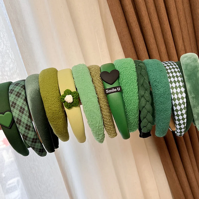 New Fresh Green Headbands Green Series Plush Hair Hoop Solid COlor Plaid Wool Headband For Women Broad-brimmed Sponge Head Hoop