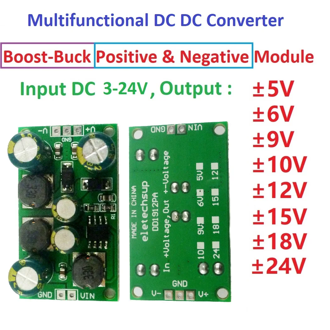 2 in 1 8W Boost-Buck Dual +- Voltage Board 3-24V to 5V 6V 9V 10V 12V 15V 18V 24V for ADC DAC LCD op-amp Speaker