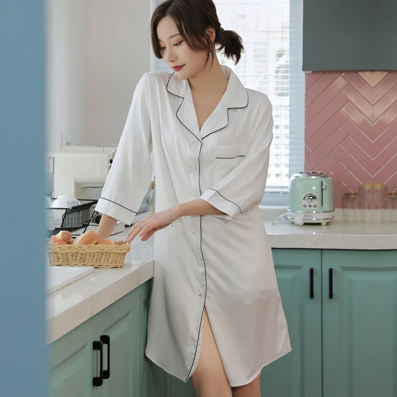 Shirt Pajamas Robes White Womens Negligee V-Neck Top Gown Nightgown Summer Sleepwear Turn-down Collar Sleepshirts Dress Homewear