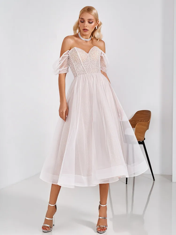 Sirene Schatz kurzes Brautkleid Sommer Mütze Ärmel knöchel lange Organza Schnürung Kristall Brautkleid maßge schneidert elegant