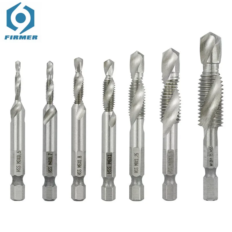 7Pcs M3-M12 Combination Wood Drill Tap Bit HSS Deburr Countersink 1/4 Inch Hexagon Shank Hole Drill Bit Set for Metal Processing