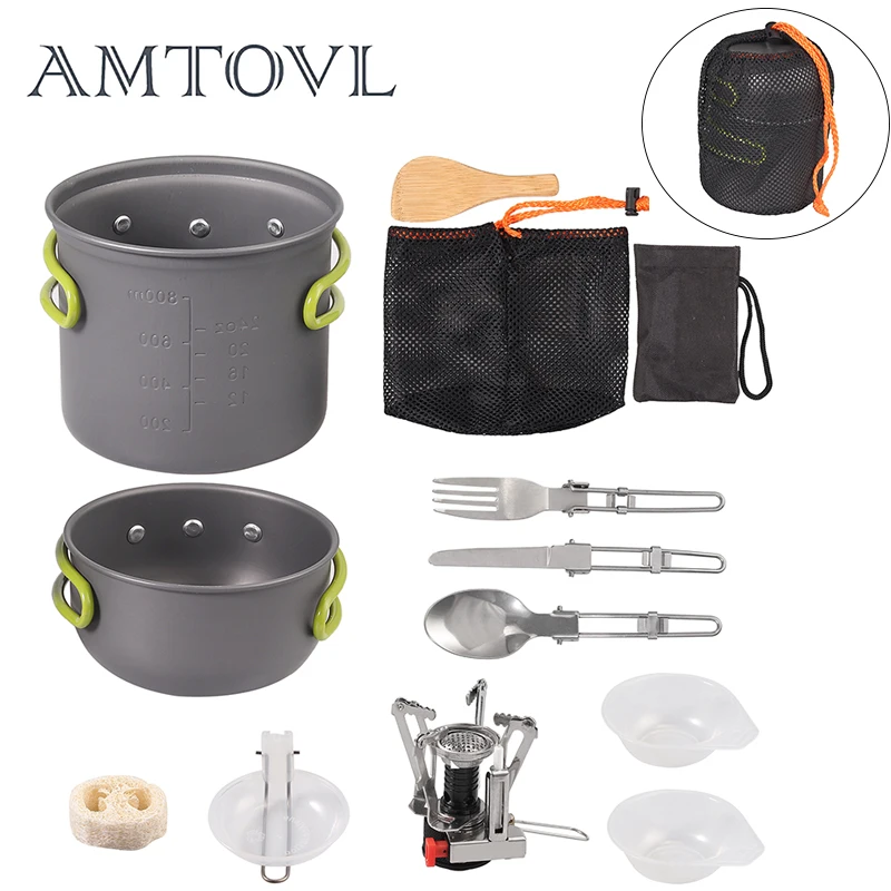 

Набор газовой мини-кастрюли AMTOVL, складная ложка, вилка, нож, походная посуда, набор для приготовления пищи на пикнике, с антипригарной чашей