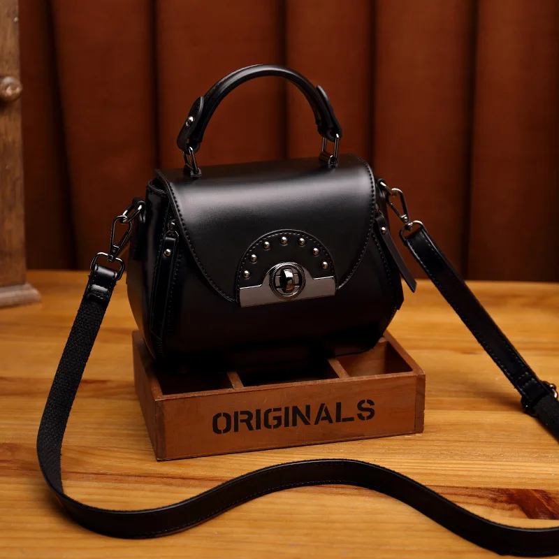 European Style Retro Crossbody Bags For Women Hard Genuine Leather Solid Color Rivets Shoulder Bag Female Fashion Casual Handbag