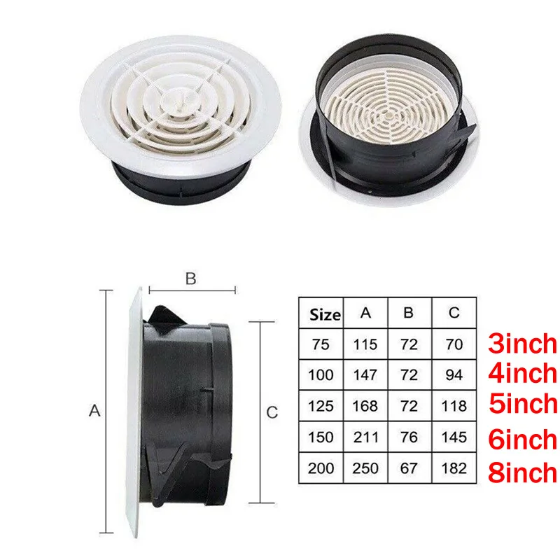 1pc 3/4/5/6/8 inch Round Air Vent ABS Louver Grille Cover Adjustable Exhaust Vent for Bathroom Bedroom Kitchen Ventilation Vents