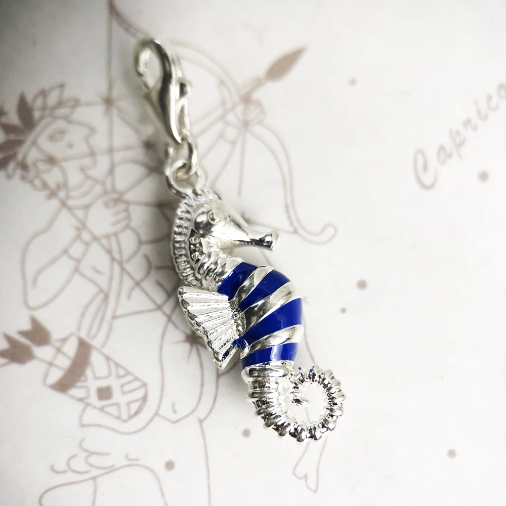 Real 925 Sterling Silver Bead Blue Enamel Tropical Seahorse Pendant Charm For Women Men DIY Jewelry