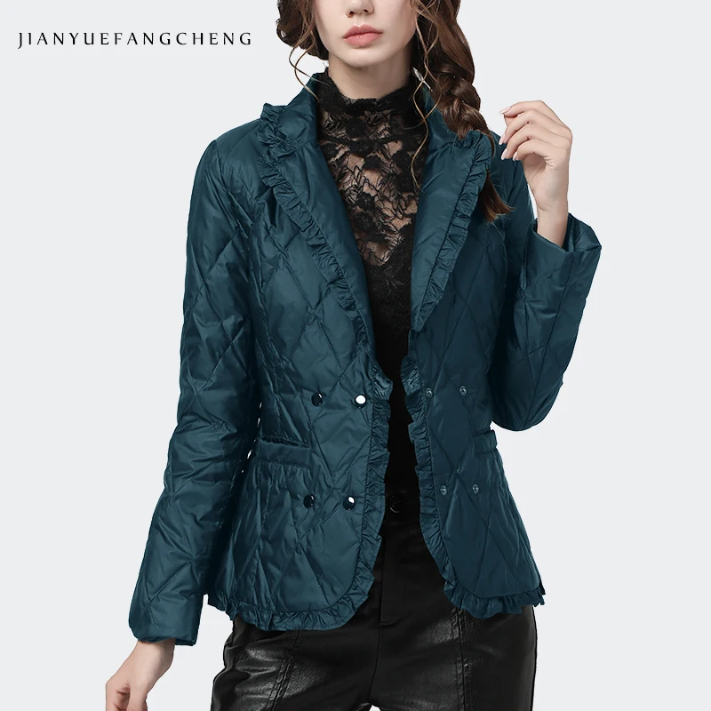 Chaqueta de plumón de pato para mujer, abrigo elegante con volantes, Blanco claro, cálido, moda coreana, doble botonadura, novedad de invierno 2020