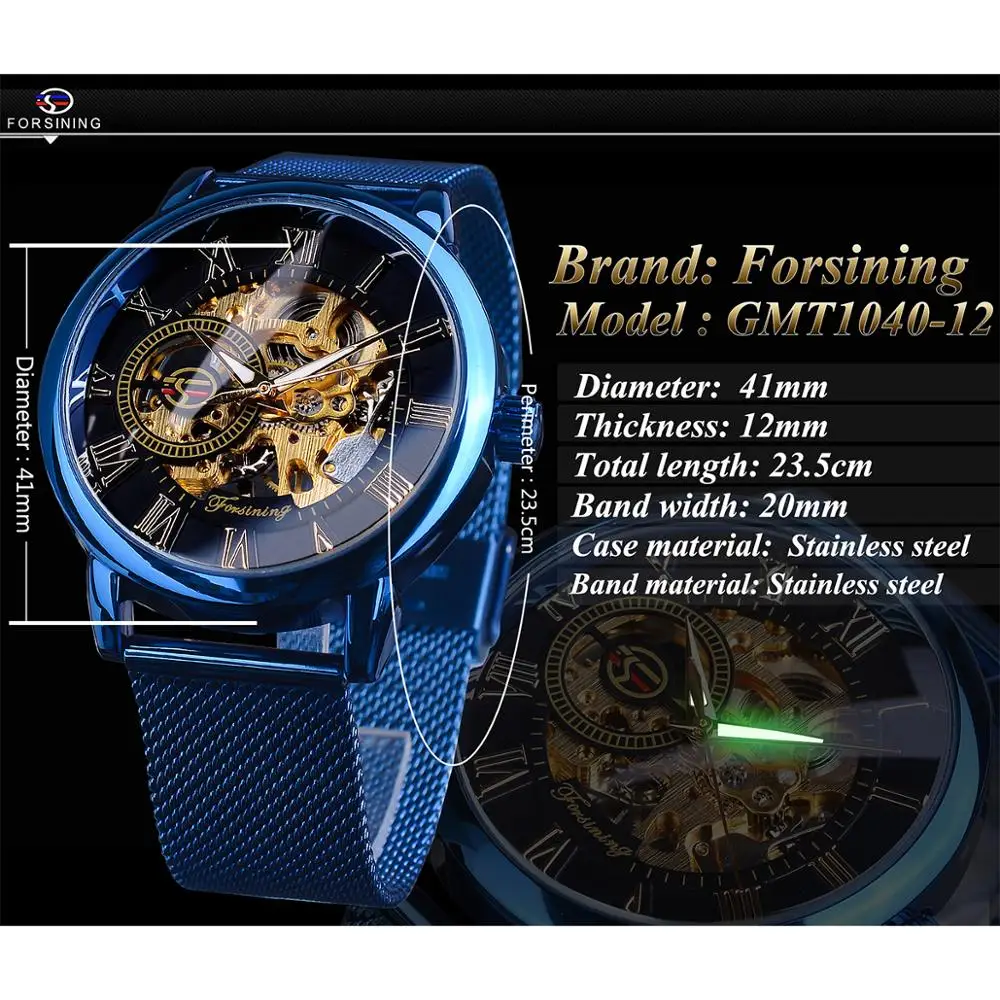 Forsining 3D Skeleton Royal Retro Design Blue Steel Mesh Band Golden Movement Men Mechanical Male Wrist Watches Top Brand Luxury