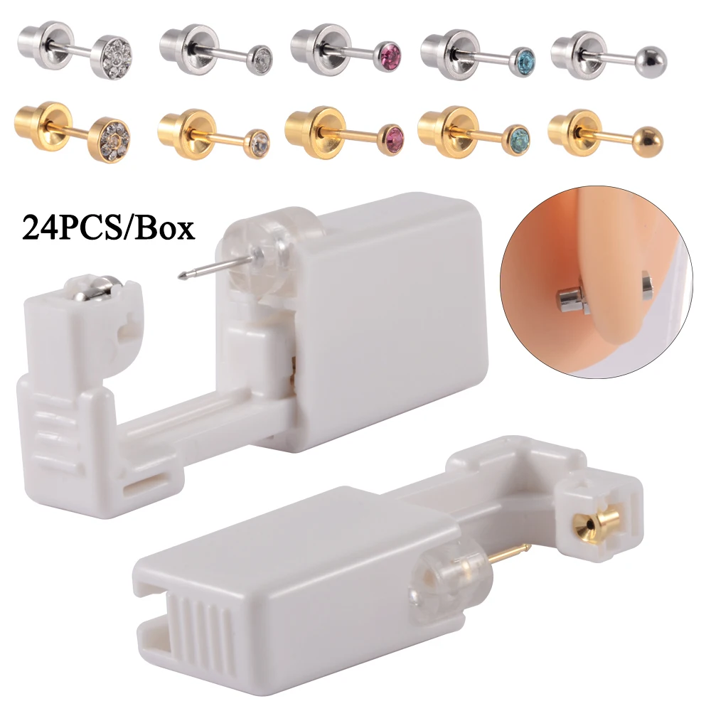 

24PCS/Box Disposable Safety Kids Ear Piercing Device Bezel Crystal Studs Bullet Buckle No Sharp Body Piercing Jewelry Suit Baby