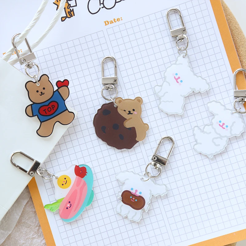 

Cute Small Acrylic Keychain Brown Bear White Rabbit Dog Girl Bag Earphone Case Clothing Trinket Couple Keyring Accessory Gift