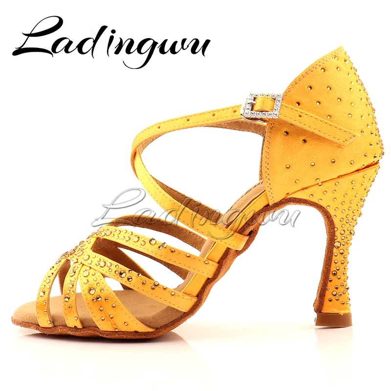 Yellow Satin Bronze Rhinestones Women's Latin Dance Shoes Ballroom Dance Shoes Party Square Dance Shoes Soft Bottm Heel 5-10cm