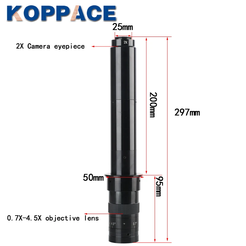 KOPPACE 128X-820X عدسة مجهر صناعية أحادية العين 2X العدسة 0.7X-4.5X التكبير الهدف 25 مللي متر C-Mount عدسة تكبير مستمرة