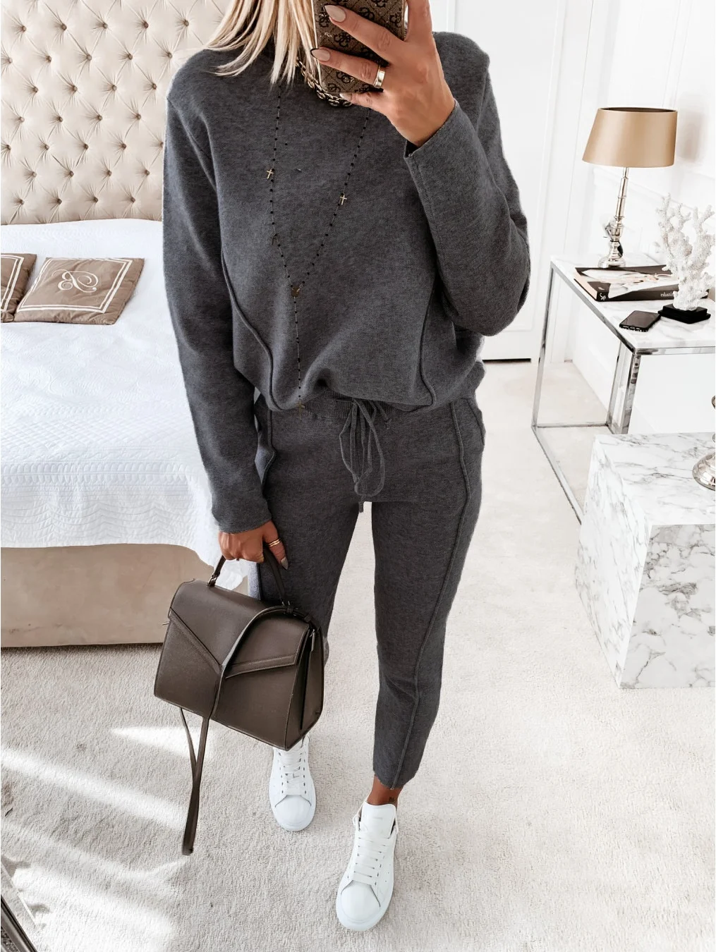 Fashion Casual Two-piece Set Sportswear 2023 High Collar Long Sleeve Women\'s 2 Piece Sweater Autumn Winter Sweater Pocket Pants