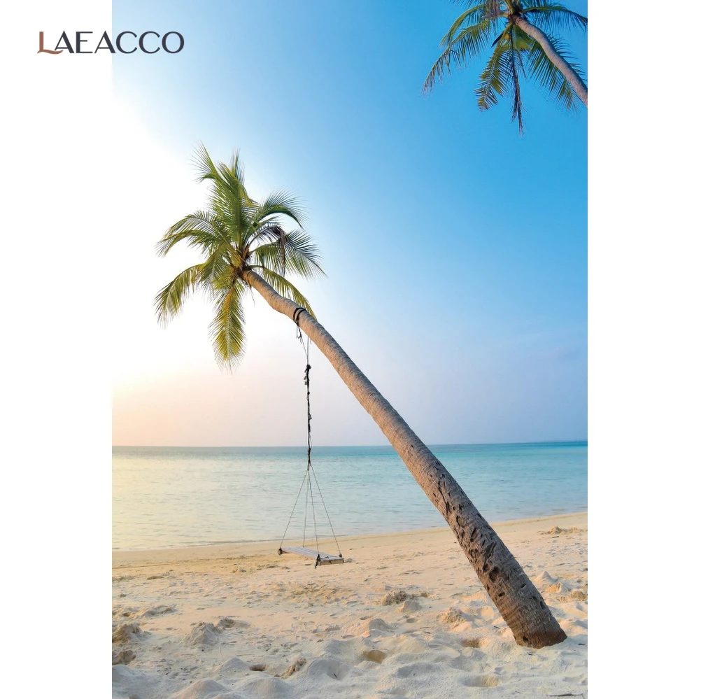 

Laeacco Summer Palms Tree Sea Beach Photography Backdrops Swing Sand Blue Sky Child Baby Shower Holiday Backgrounds Photo Studio