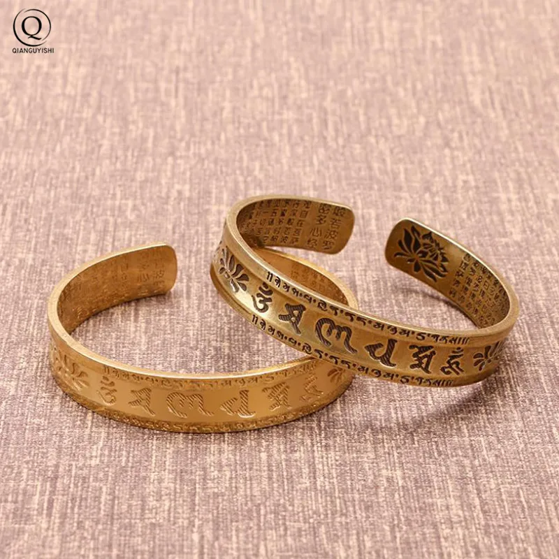 Brass Buddhist Scriptures Cuff Bangles Pure Copper Buddhism Mantra Lucky Bracelets Vintage Adjustable Women Men Hands Jewelry