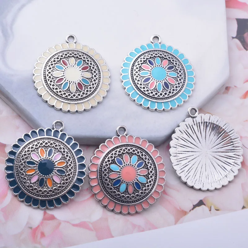 12pcs/lot 30*27mm  Alloy Ancient Silver plated Round Enamel Charms Ear Pendant DIY Bohemian Style  Jewelry Earring Components