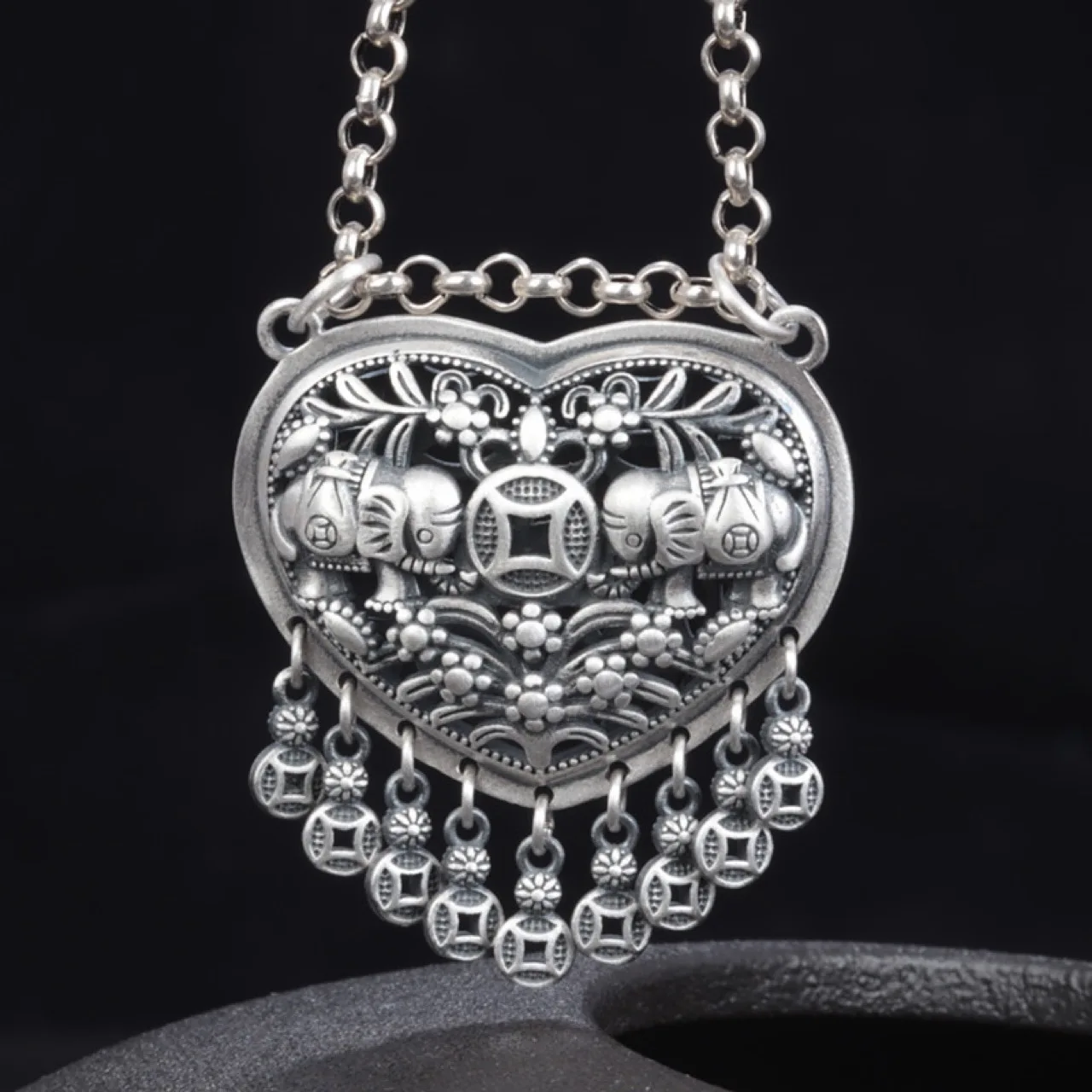 

s999 Pure Silver Double Elephant Tassel Pendant Female Retro Ethnic Love Coin Double Ring Hollow Necklace