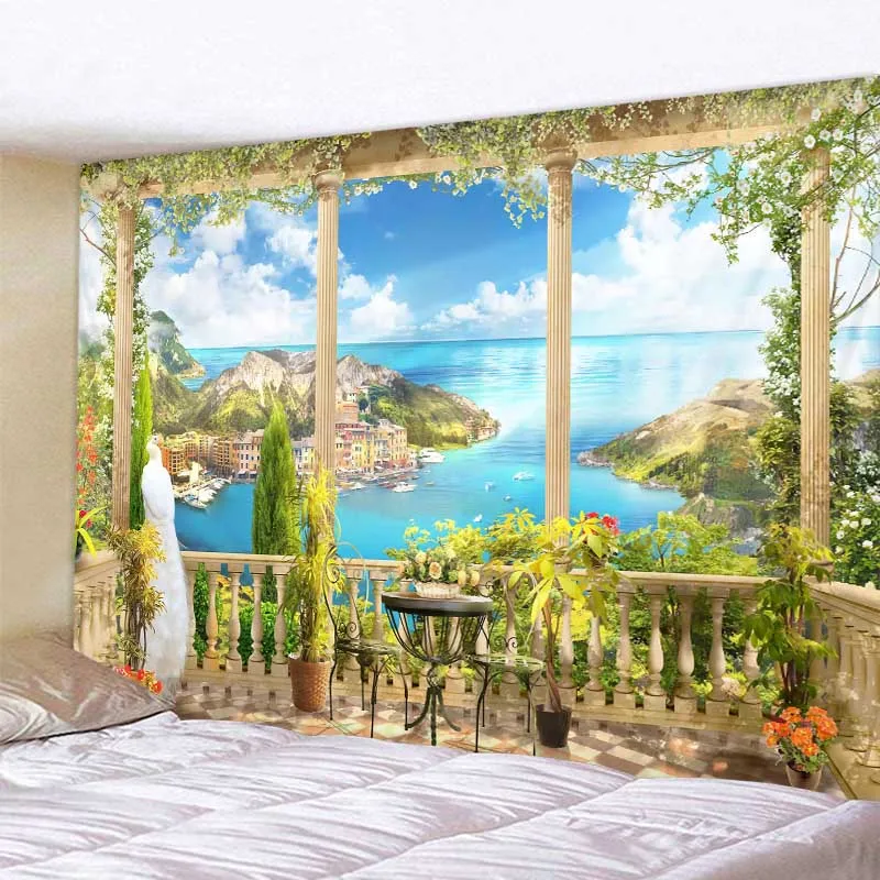 

Beautiful landscape tapestry European garden sea view wall hanging hippie bohemian aesthetics home wall decoration yoga mat