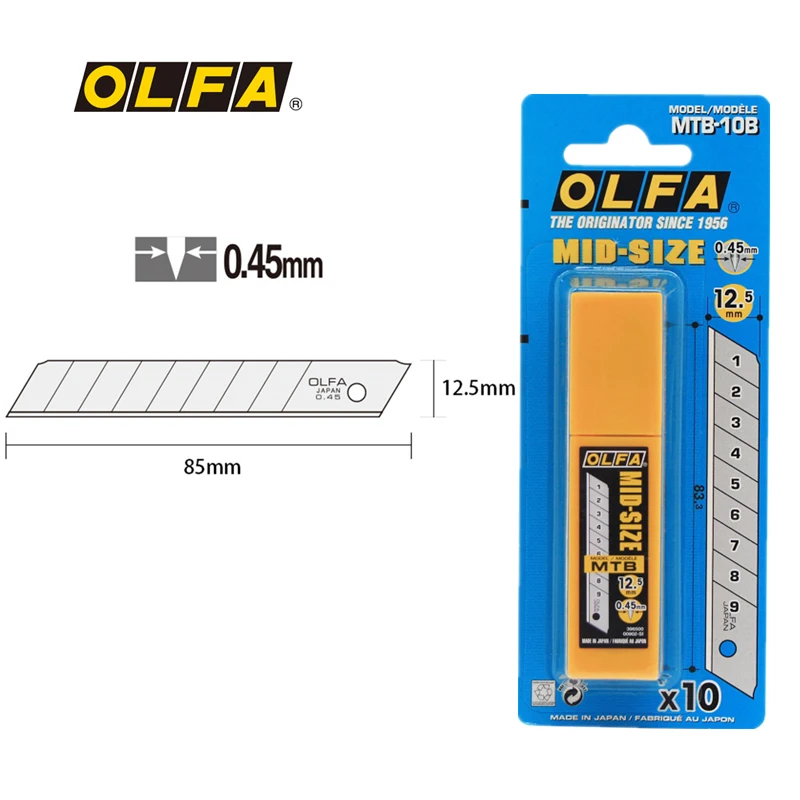 MADE IN JAPAN OLFA MTB-10B 10 medium-sized 0.45mm-thick tough blades in a plastic case.Blister FOR OLFA MT-1 CS-5