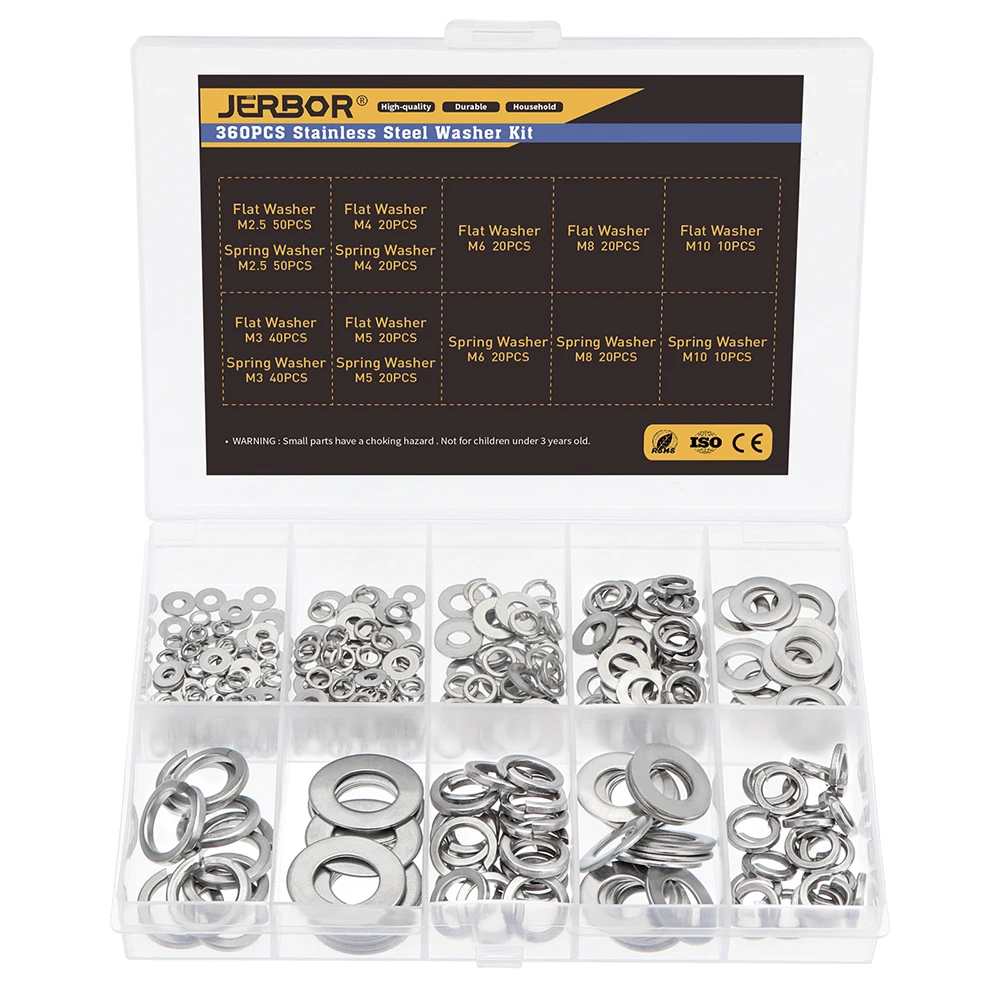 360 Buah Baja Tahan Karat Mesin Cuci Musim Semi Datar M2.5 M3 M4 M5 M6 M8 M10 Kunci Split Elastis Segel Gasket Bermacam-macam Kotak