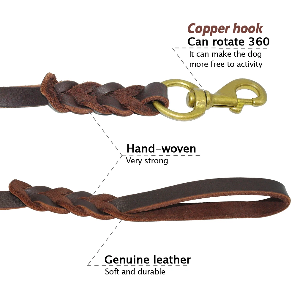 Leather Dog Leash Durable Dog Training Leash Braided Pet Dog Leads Rope for Medium Large Dogs Walking Running Brown