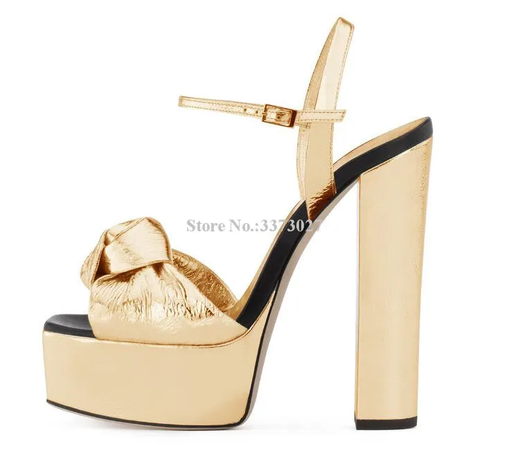 Gold Color Chunky Heel Platform Sandals Women Fashion Thick Heel Knot Sandals Lady Large Size Peep Toe Gladiator Sandals Shoes