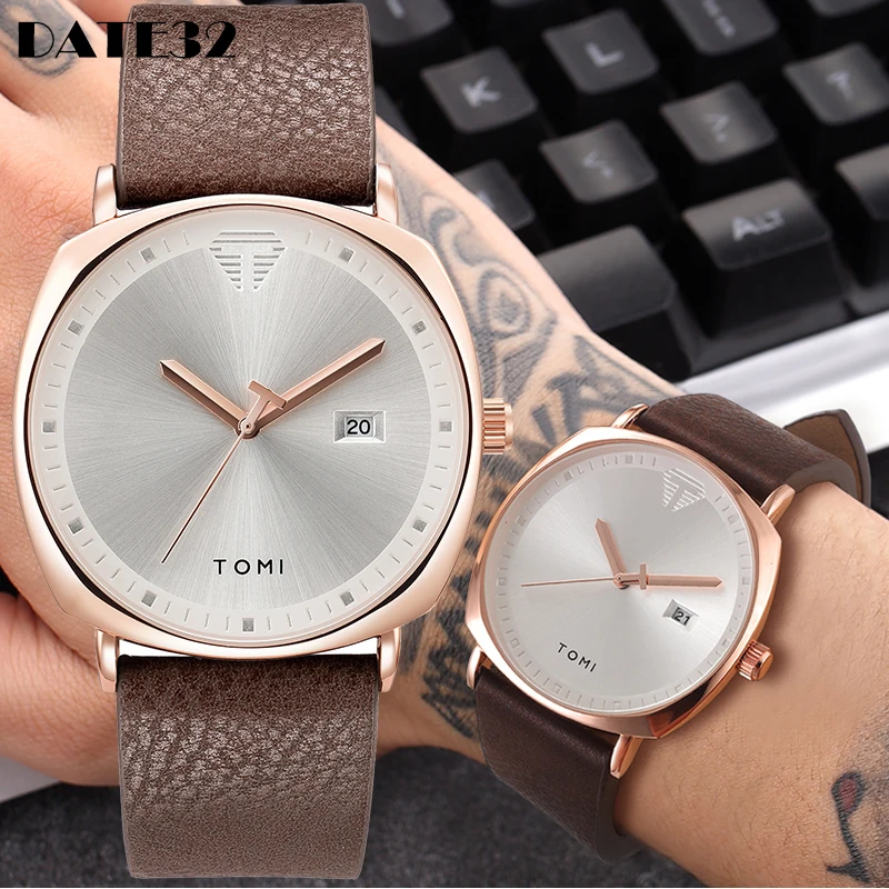 Reloj de pulsera con calendario para hombre, cronógrafo de cuarzo con esfera cuadrada Simple, informal, de cuero, minimalista, color negro y marrón